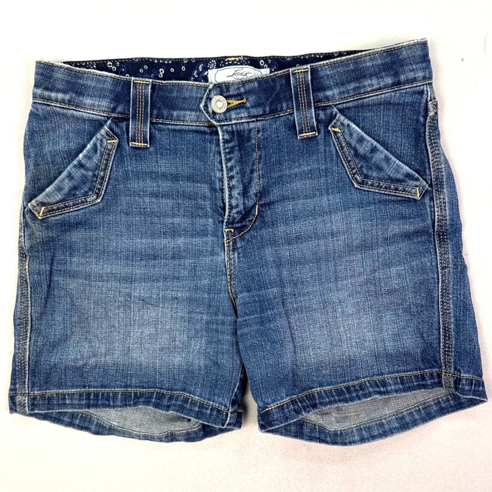 Levis Womens Medium Wash Denim Shorts Paisley Waistband Size 6 Blue Stretch